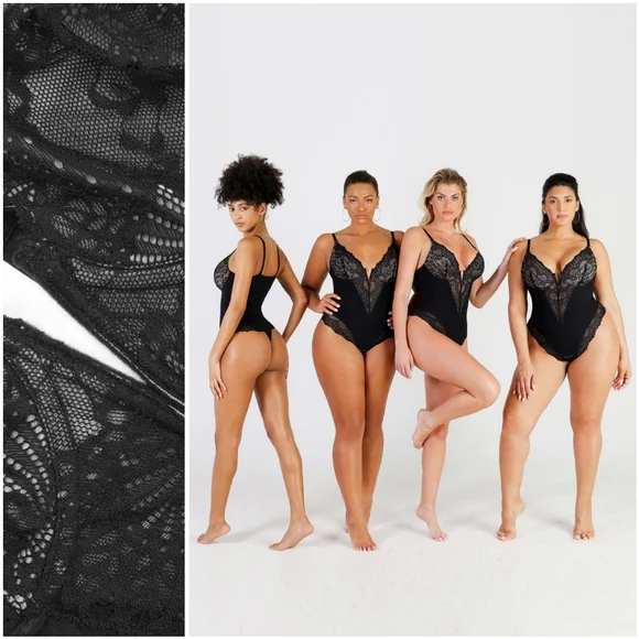 NWT Popilush Black Floral Lace Deep V Shapewear Thong Tummy Control Bodysuit - Picture 15 of 16